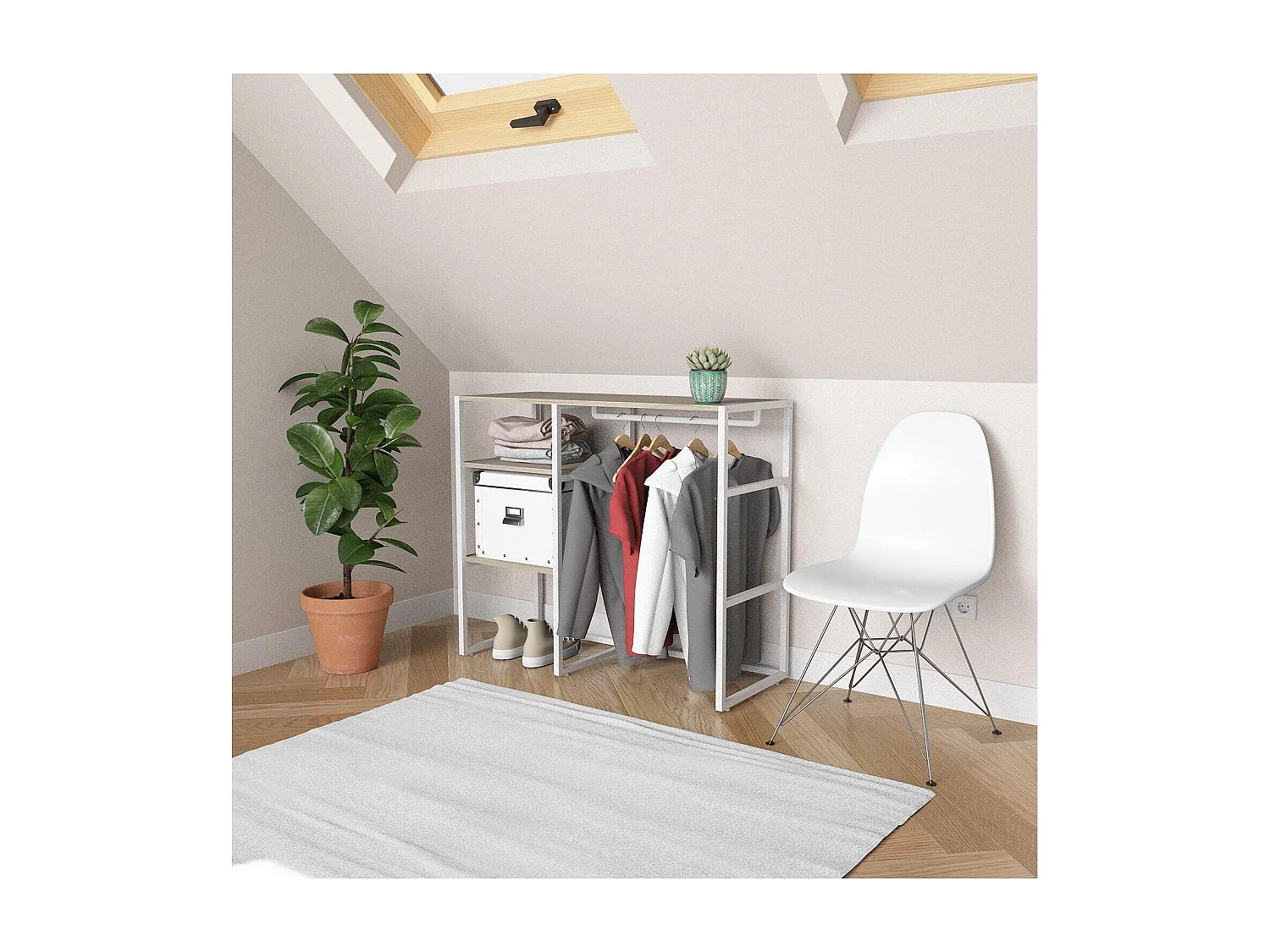 KADRA 100x85cm Dachbodenkleiderständer mit Kleiderschrank und Regalen