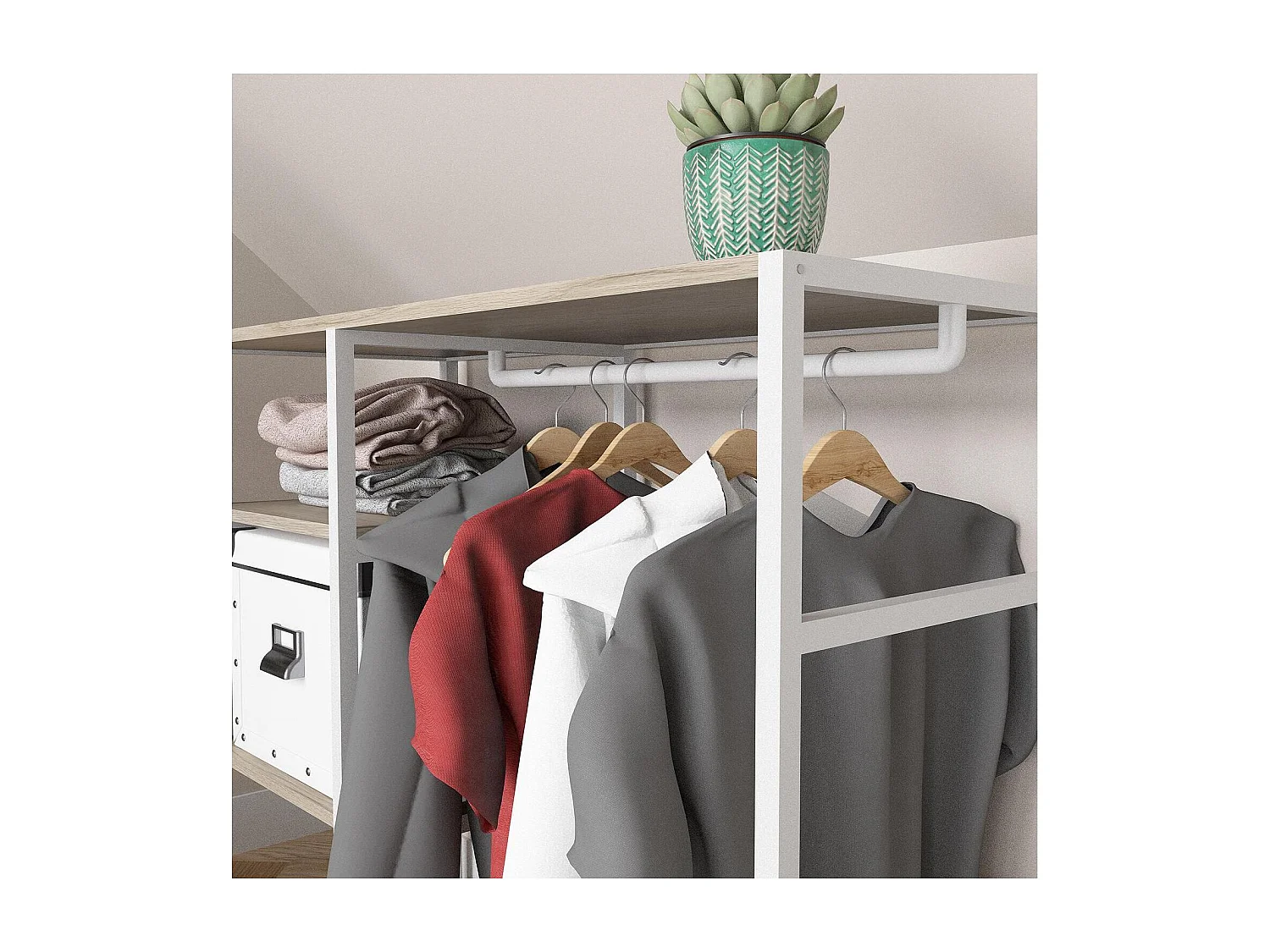 KADRA 100x85cm Dachbodenkleiderständer mit Kleiderschrank und Regalen