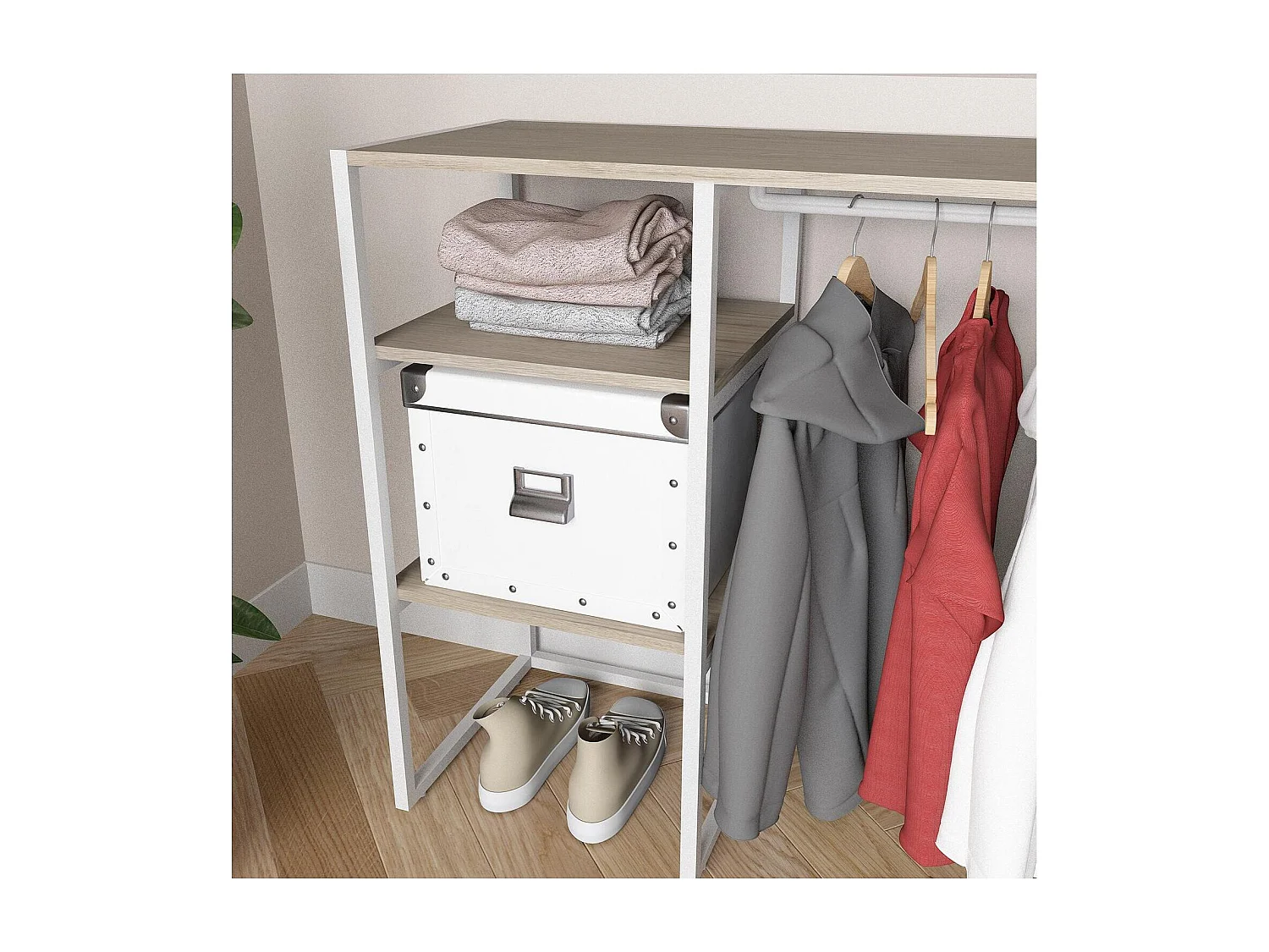 KADRA 100x85cm Dachbodenkleiderständer mit Kleiderschrank und Regalen