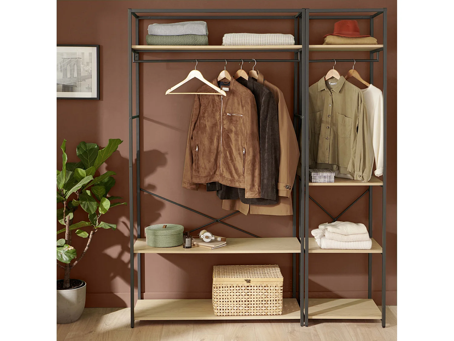 Lot de 2 portants vêtements en bois et métal 160x200cm