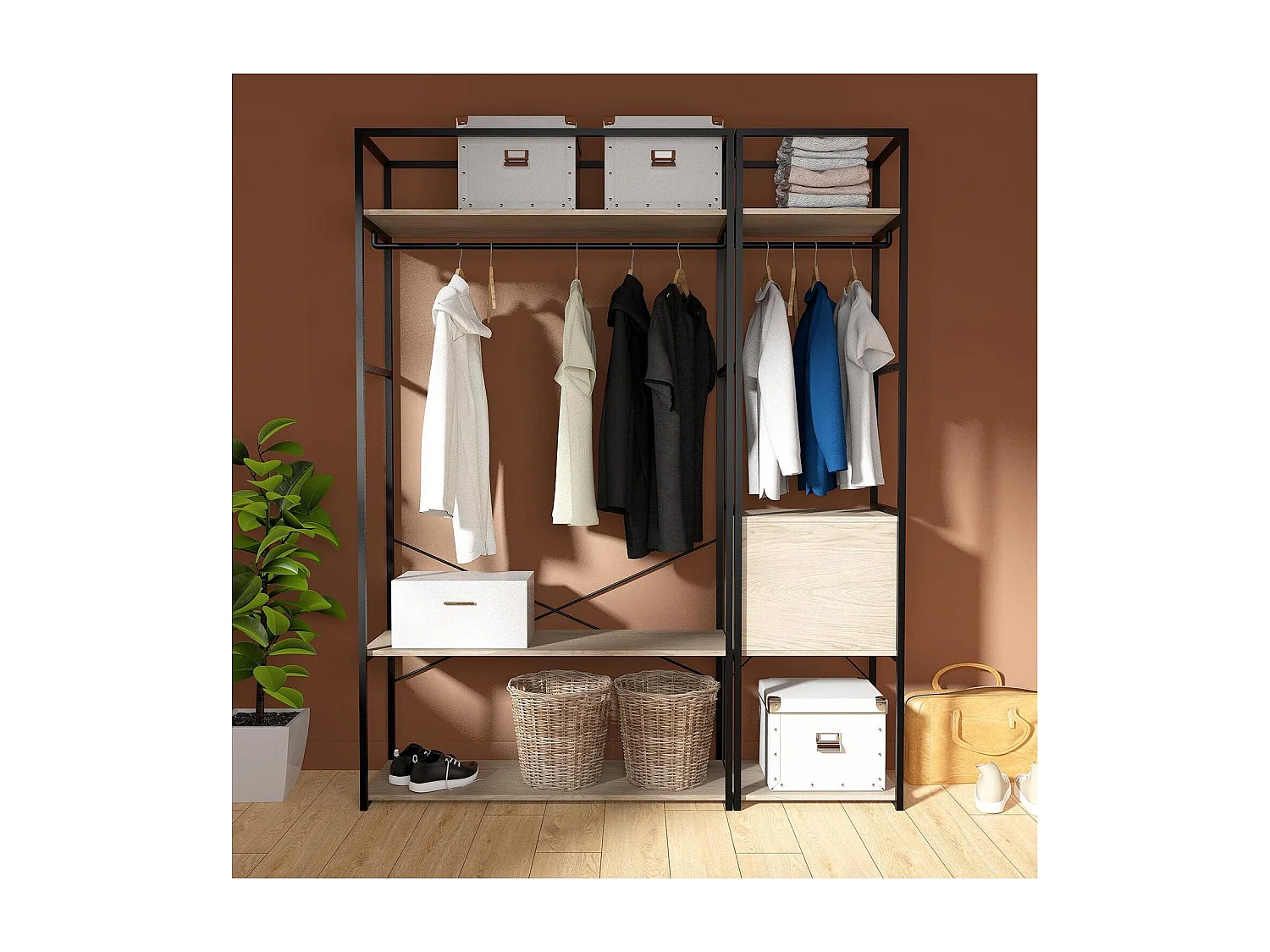 Lot de 2 portants vêtements en bois et métal 160x200cm - rangement fermé