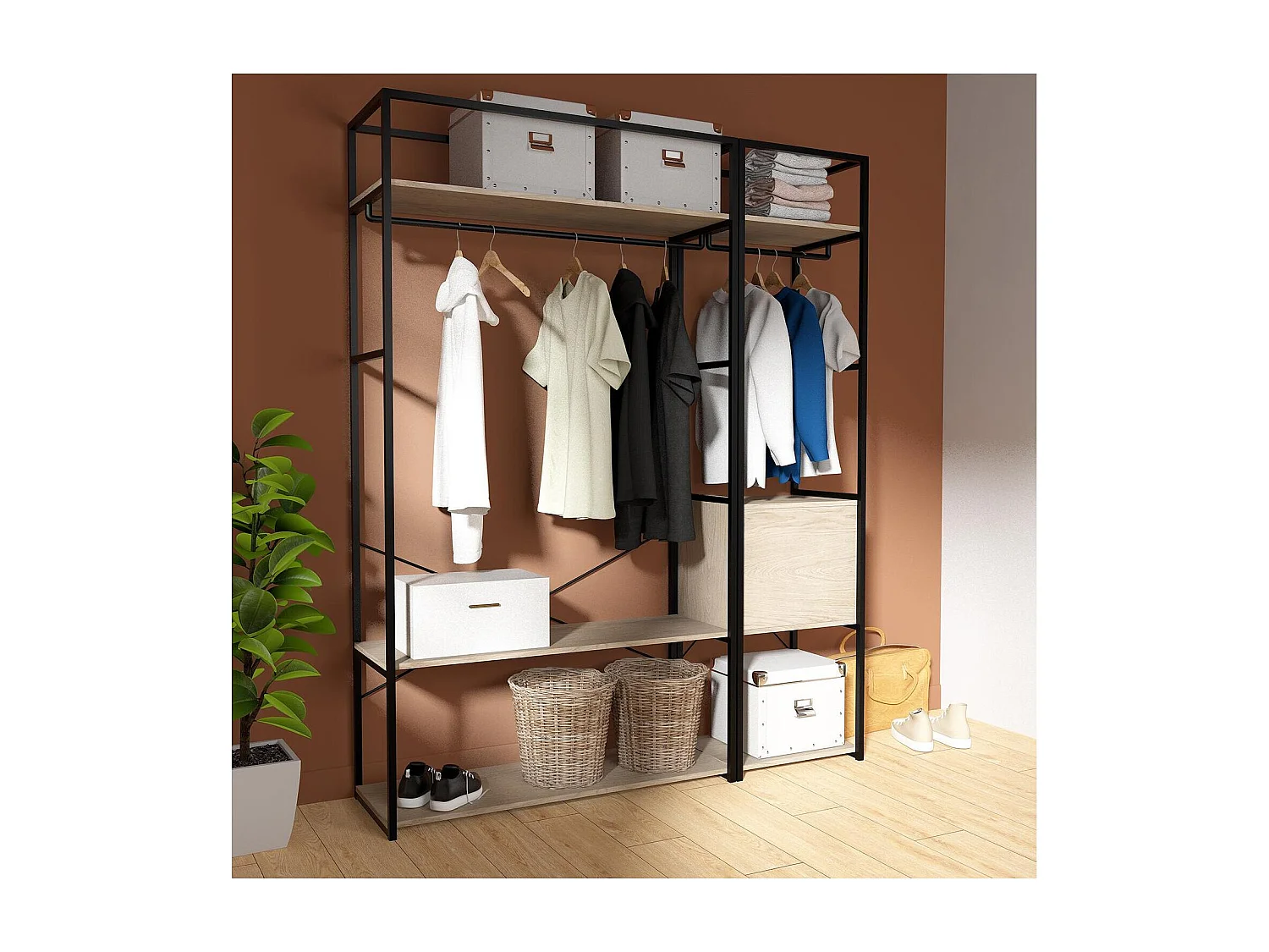 Lot de 2 portants vêtements en bois et métal 160x200cm - rangement fermé