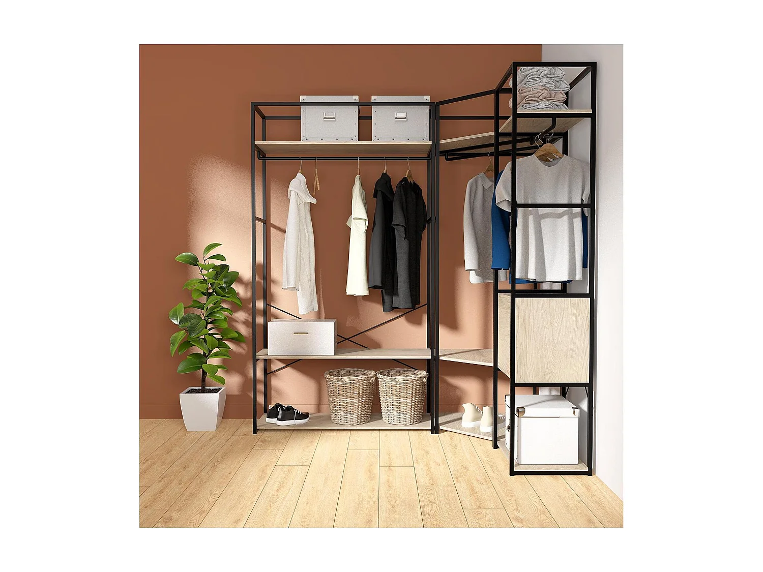 Lot de 3 portants vêtements bois et métal noir 180x200cm - rangement fermé