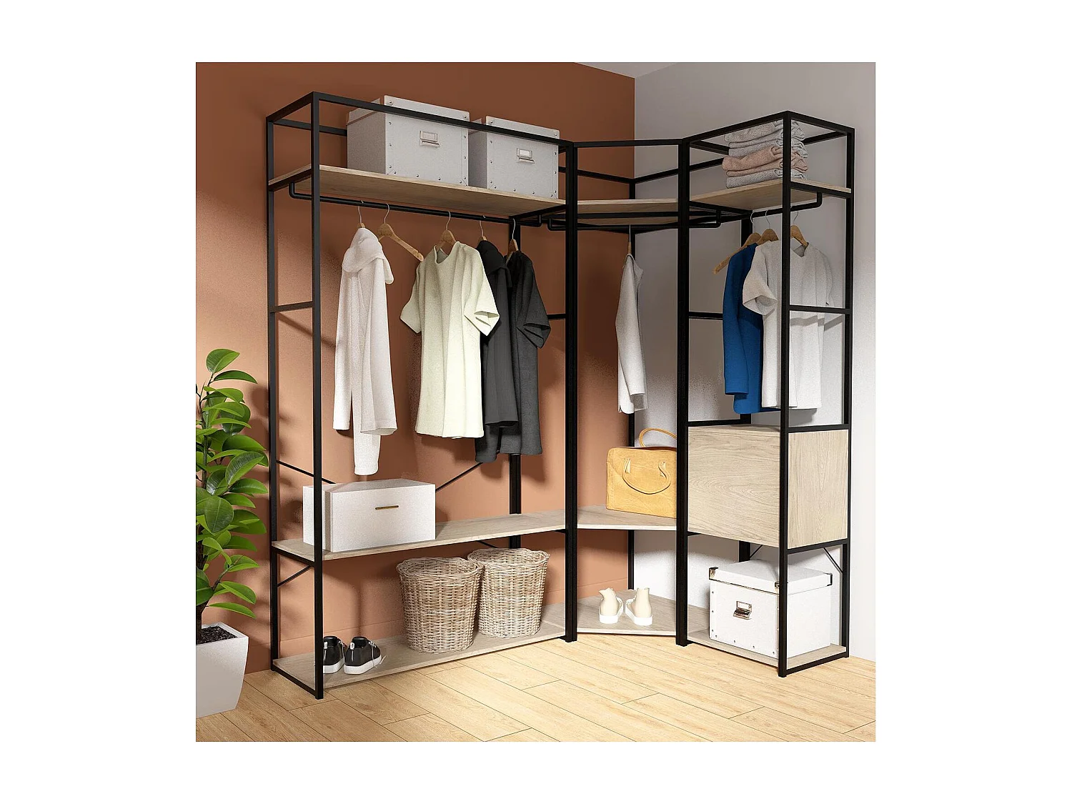 Lot de 3 portants vêtements bois et métal noir 180x200cm - rangement fermé