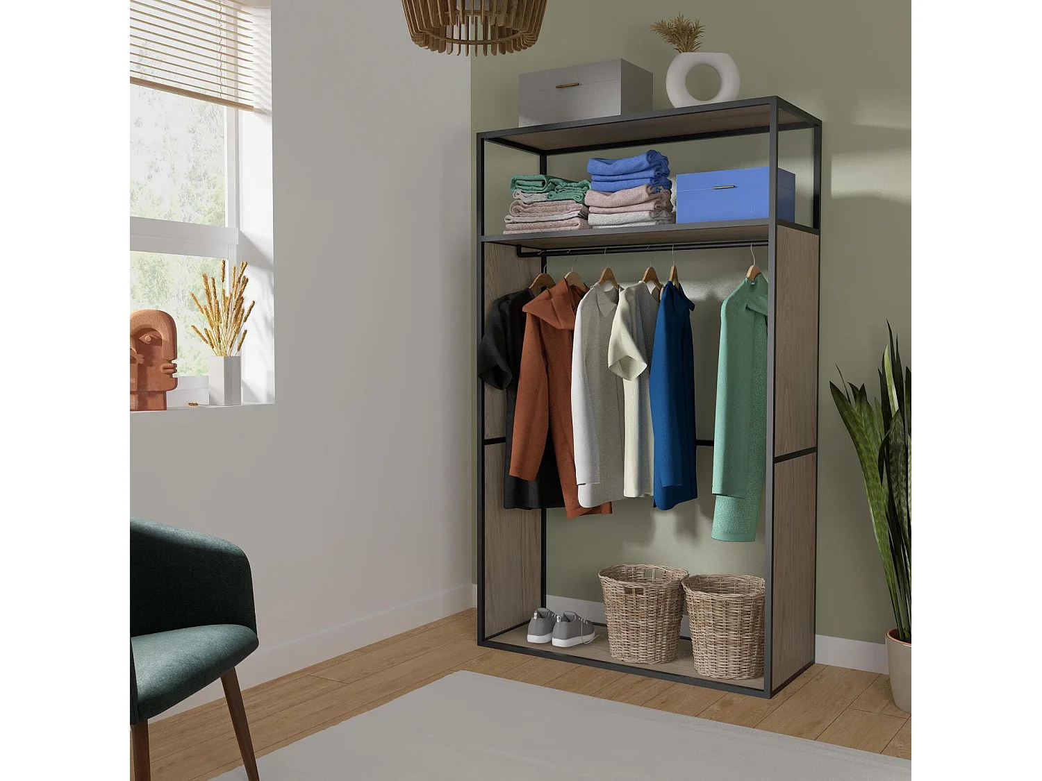 Portant vêtements en bois et métal gris 110x184,5cm