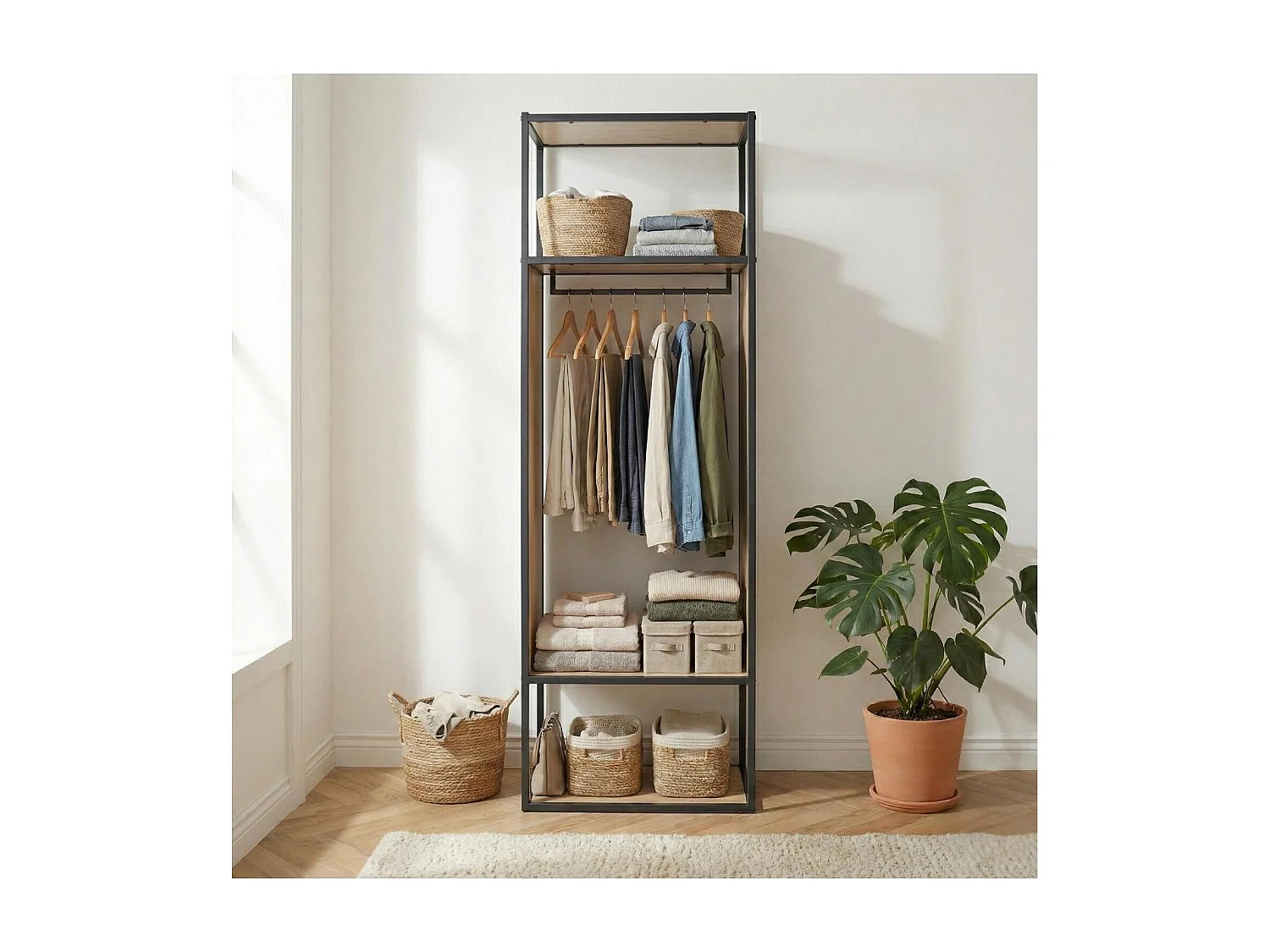 Portant vêtements en bois et métal gris 60x184,5cm