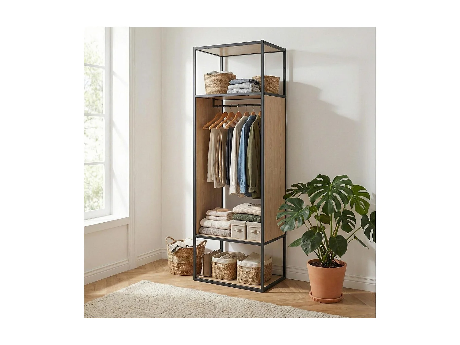 Portant vêtements en bois et métal gris 60x184,5cm