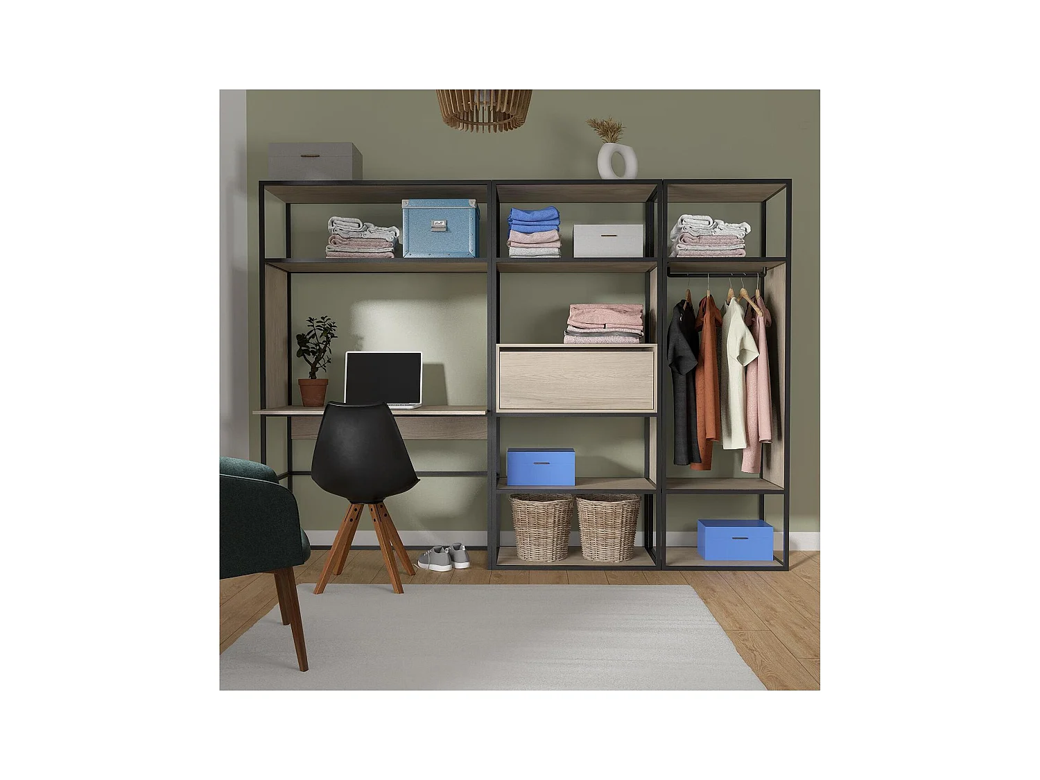 Lot de 3 portants vêtements en bois et métal gris 250x184.5cm - avec bureau intégré