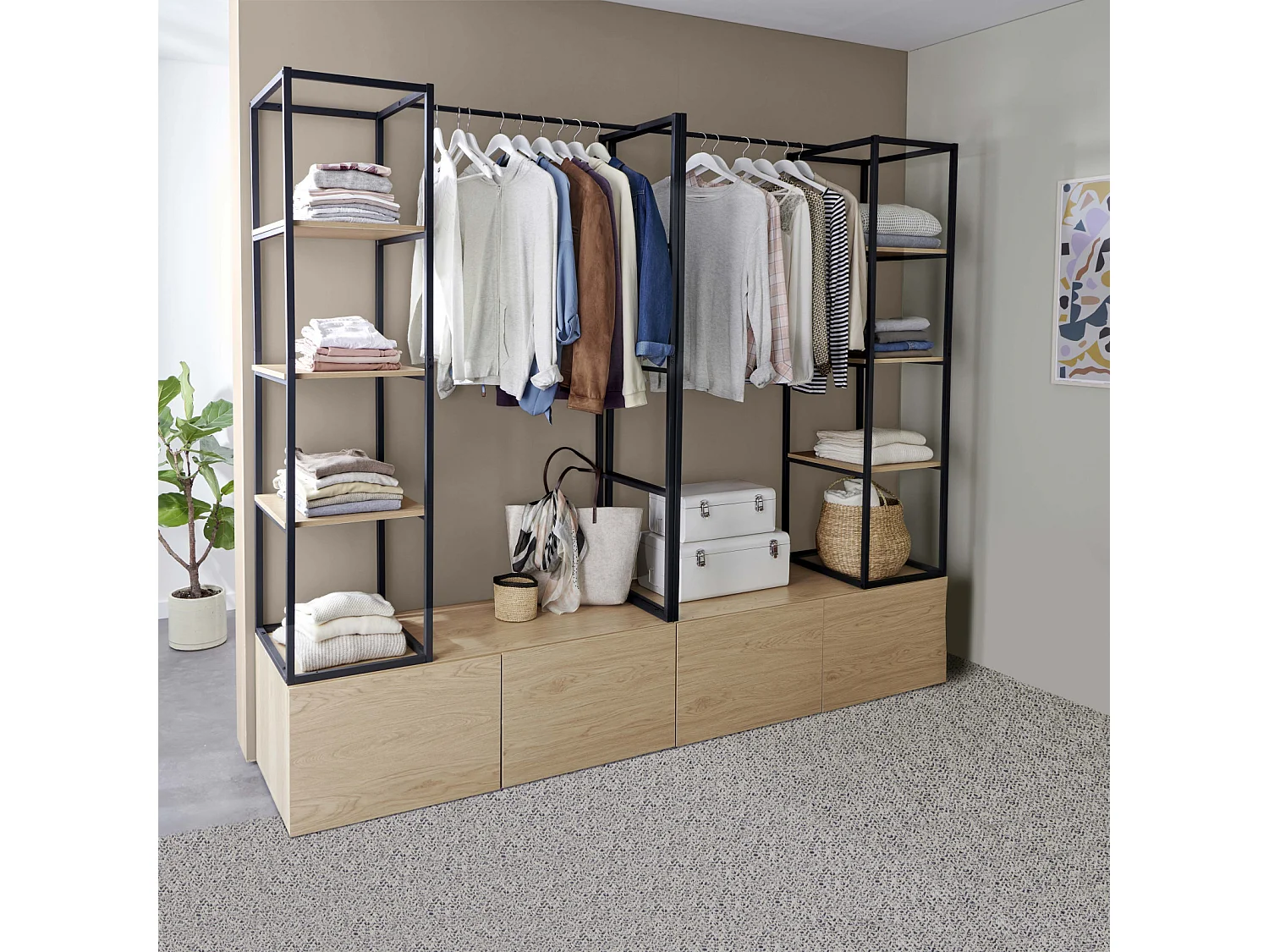 Lot de 2 portants vêtements en bois et métal 120x200cm - avec tiroirs