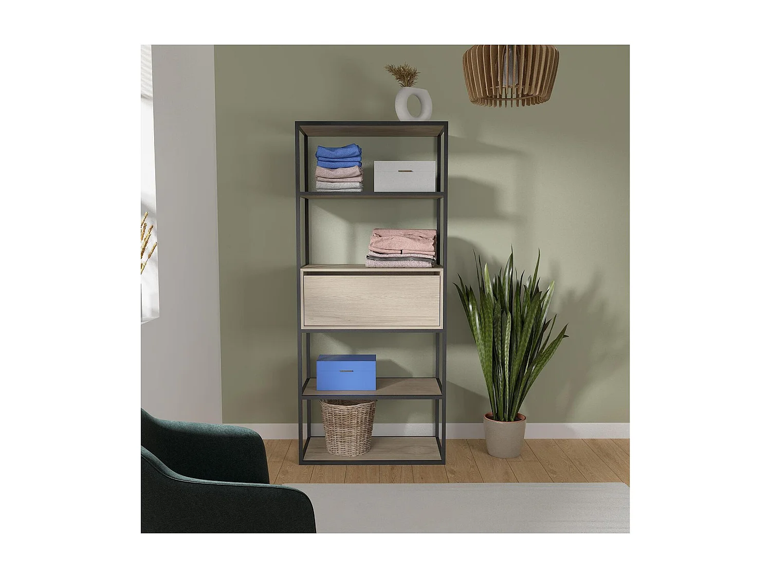 Portant vêtements en bois et métal gris 80x184,5cm - avec tiroir