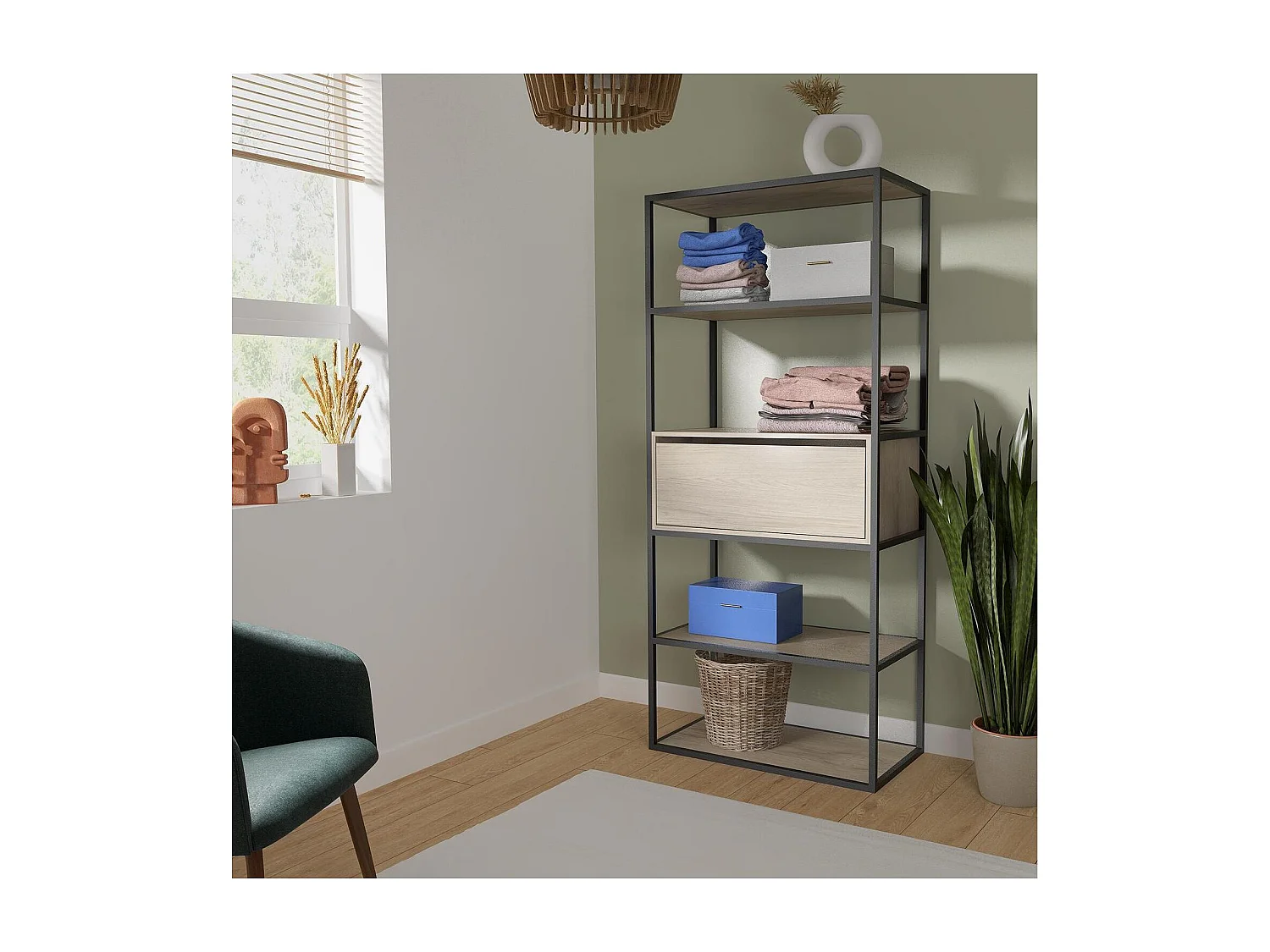 Portant vêtements en bois et métal gris 80x184,5cm - avec tiroir