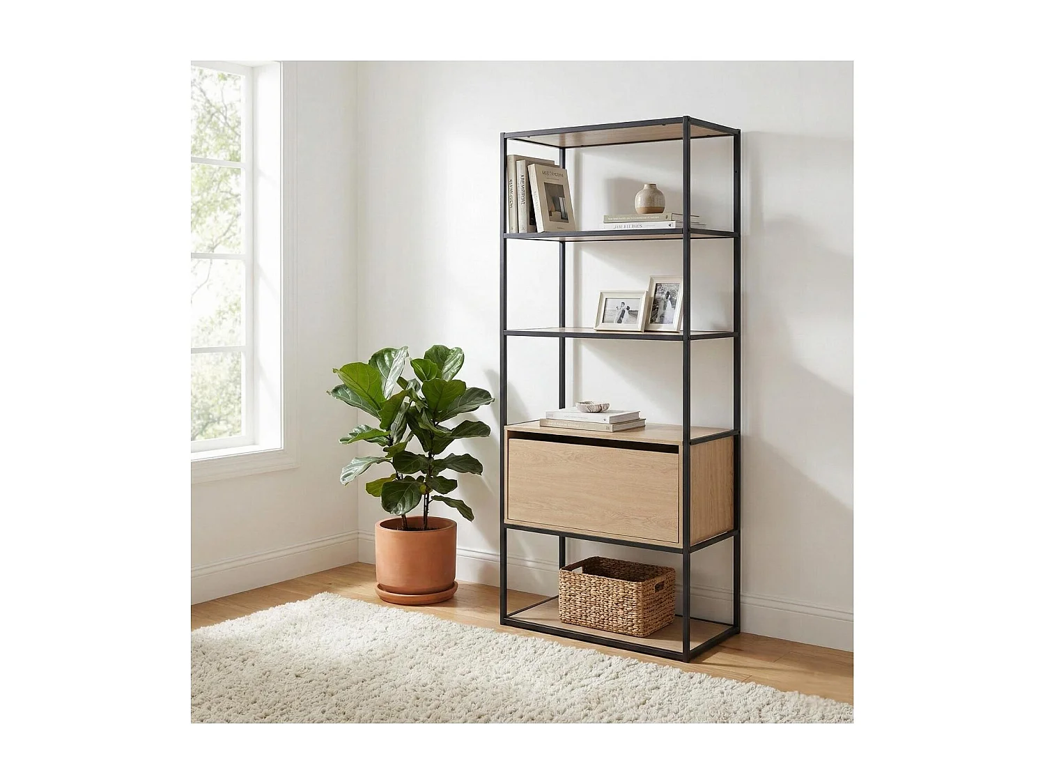 Portant vêtements en bois et métal gris 80x184,5cm - avec tiroir