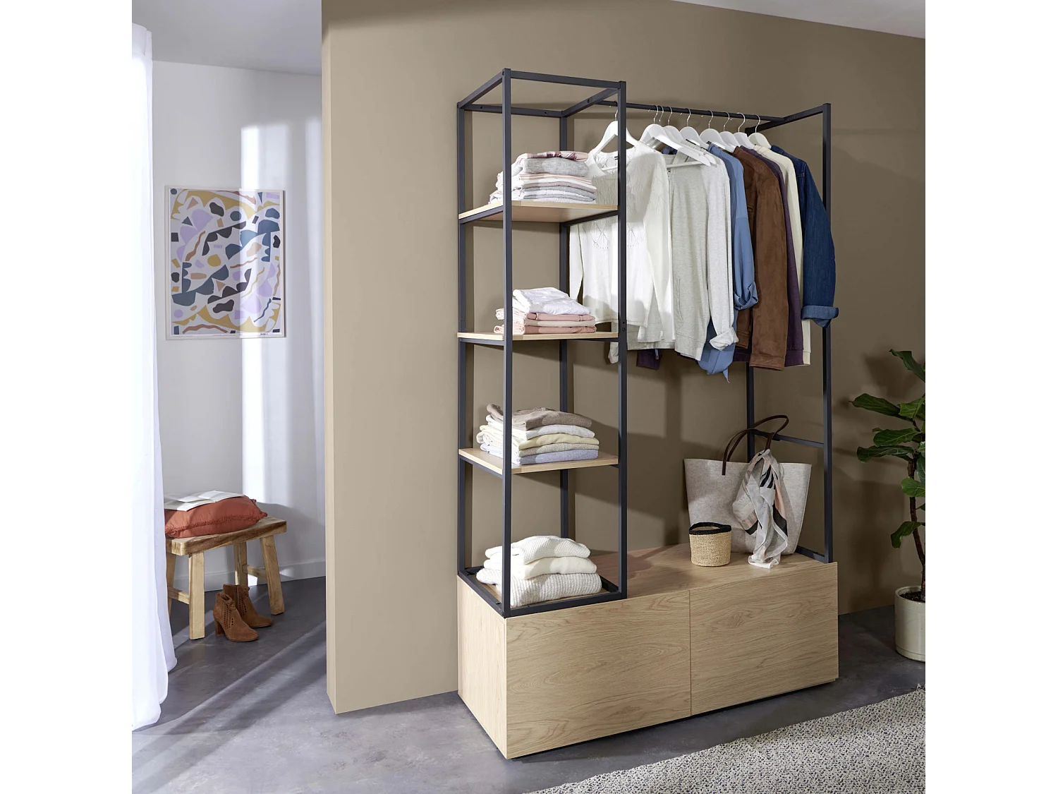 Portant vêtements en bois et métal 120x200cm - avec tiroirs