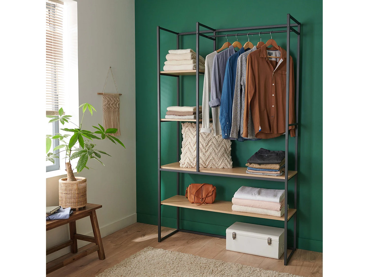 Portant vêtements industriel en bois et métal noir 120x200cm