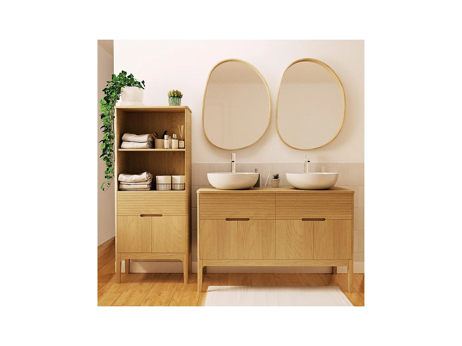 Mobile lavabo doppio + lavandino + rubinetto + specchio + colonna ALASKA