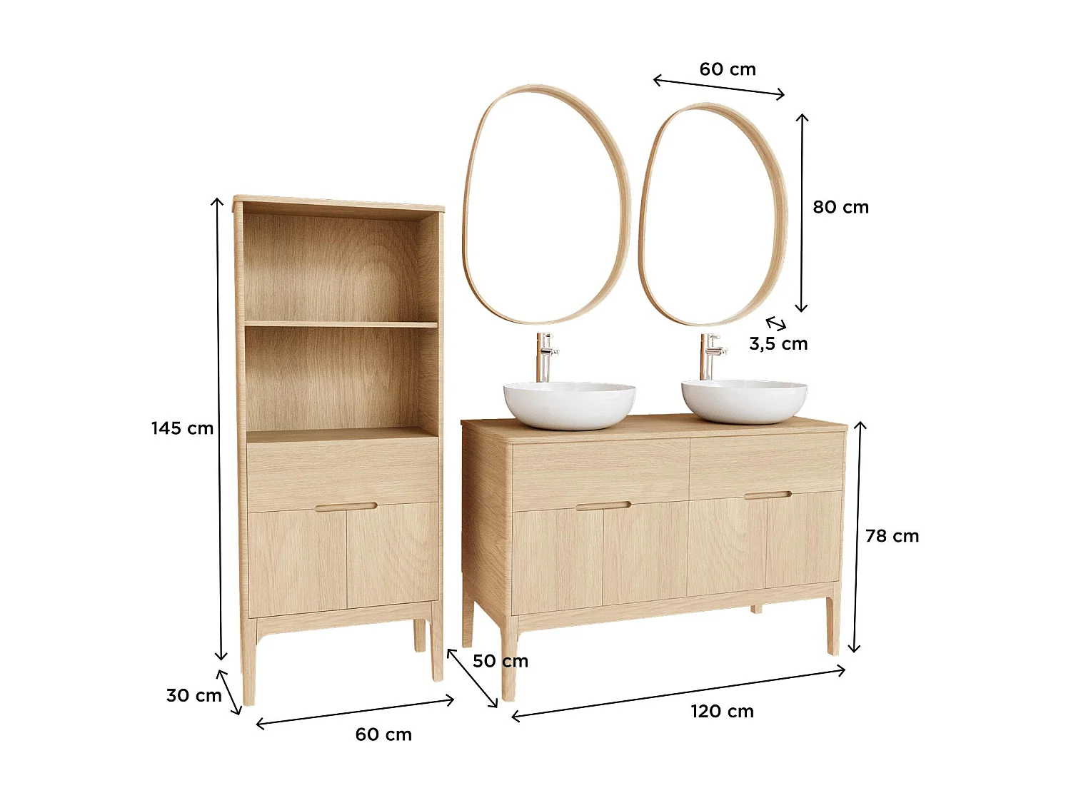 Dubbele wastafelmeubel + wastafel + kraan + spiegel + ALASKA hals