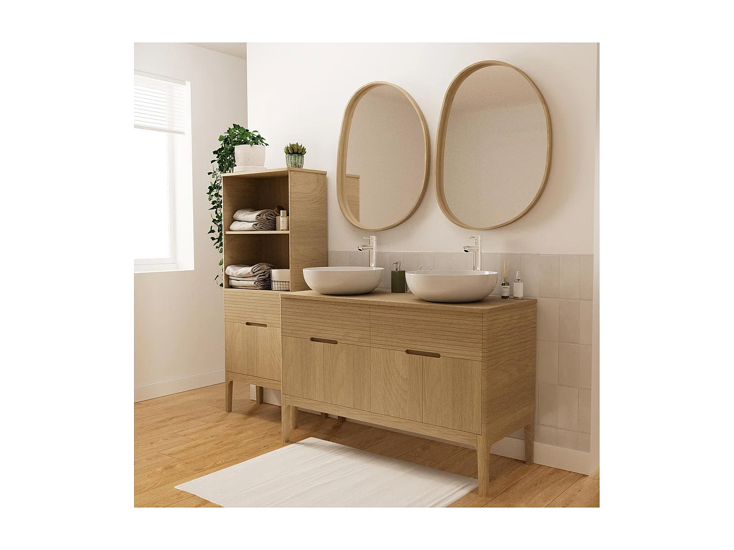 Dubbele wastafelmeubel + wastafel + kraan + spiegel + ALASKA hals