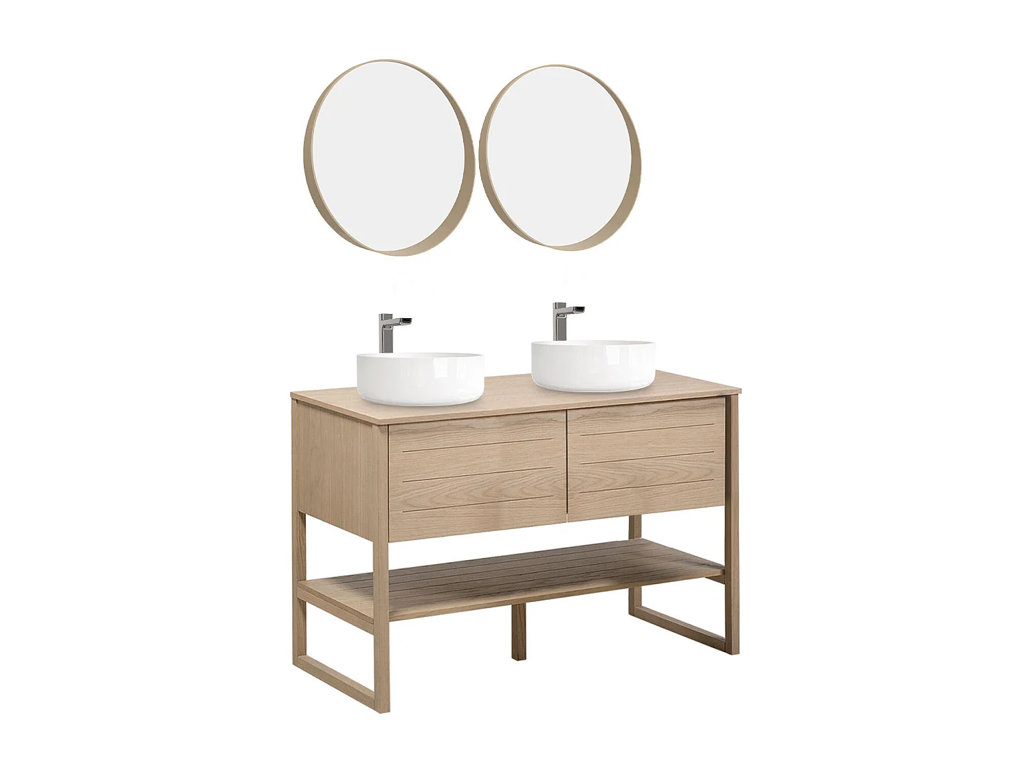 Meuble de Salle De Bain Chêne 120 cm + 2 Miroirs ronds 60 cm + 2 Vasques rondes blanches 37 cm