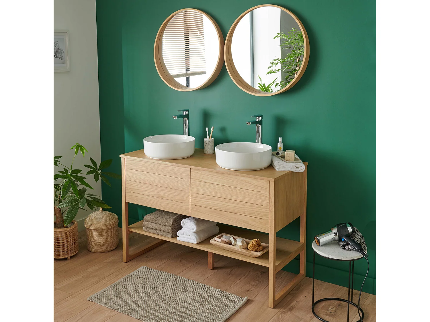 Meuble de Salle De Bain Chêne 120 cm + 2 Miroirs ronds 60 cm + 2 Vasques rondes blanches 37 cm