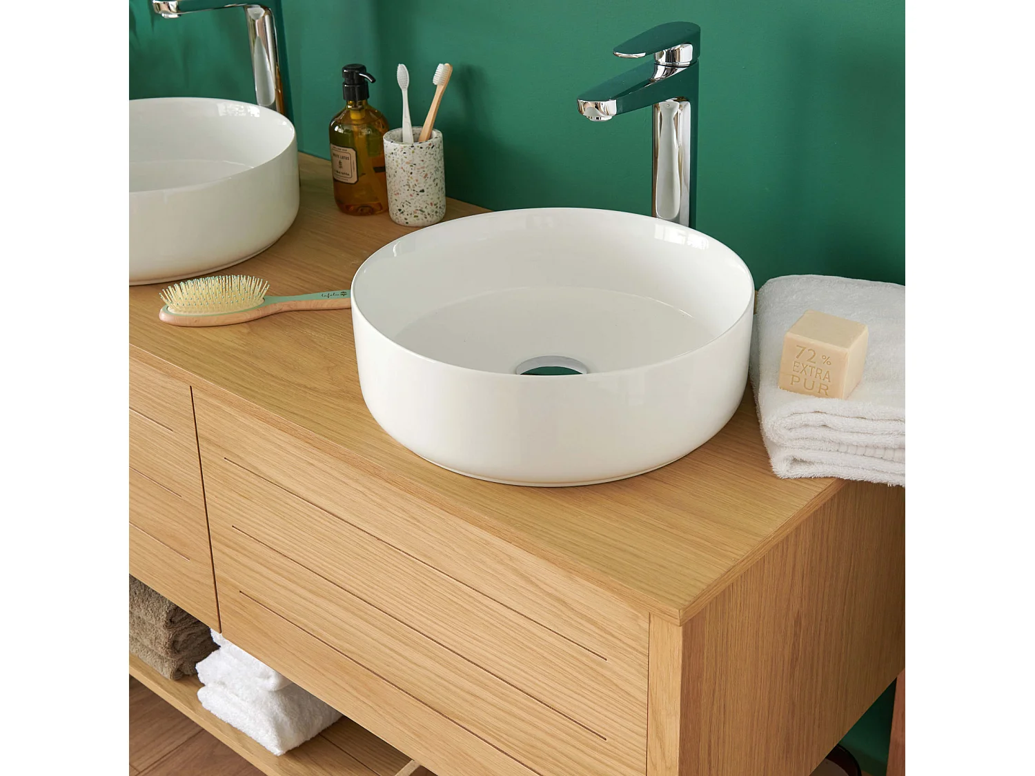 Meuble de Salle De Bain Chêne 120 cm + 2 Miroirs ronds 60 cm + 2 Vasques rondes blanches 37 cm