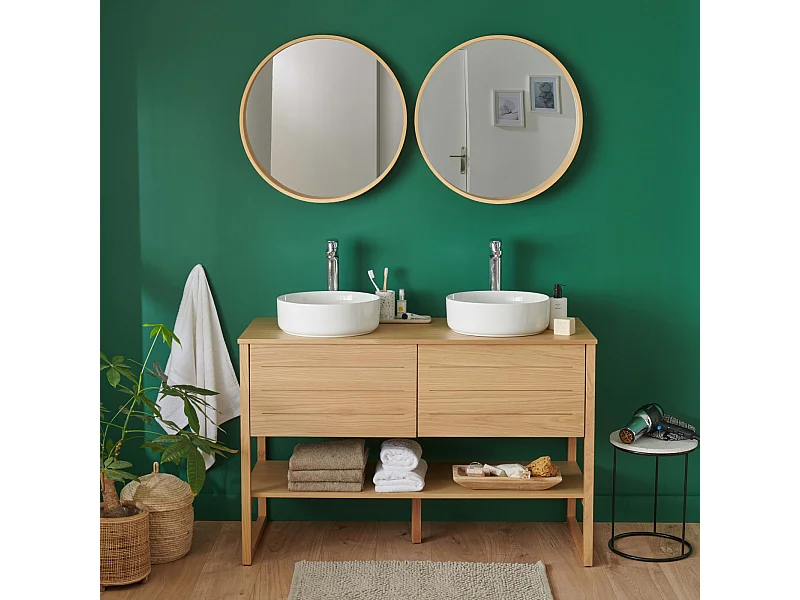 Meuble de Salle De Bain Chêne 120 cm + 2 Miroirs ronds 60 cm + 2 Vasques rondes blanches 37 cm