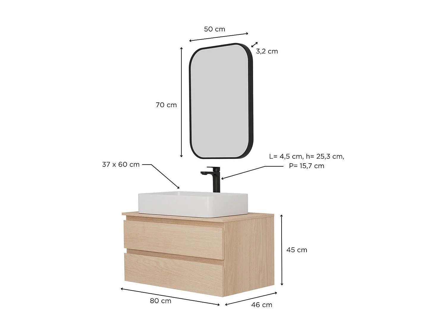 SORRENTO wastafelmeubelset met enkele wasbak 80 cm + wastafel + kraan + spiegel