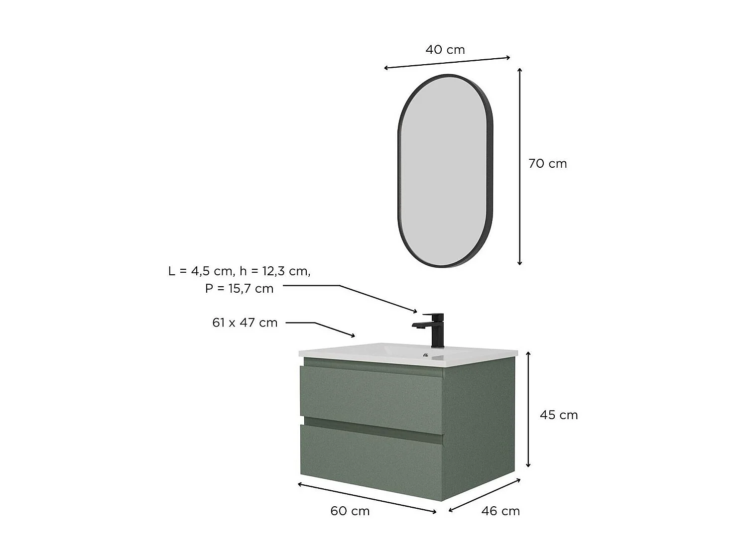 Conjunto mueble de lavabo simple 60 cm + grifo + espejo SORRENTO