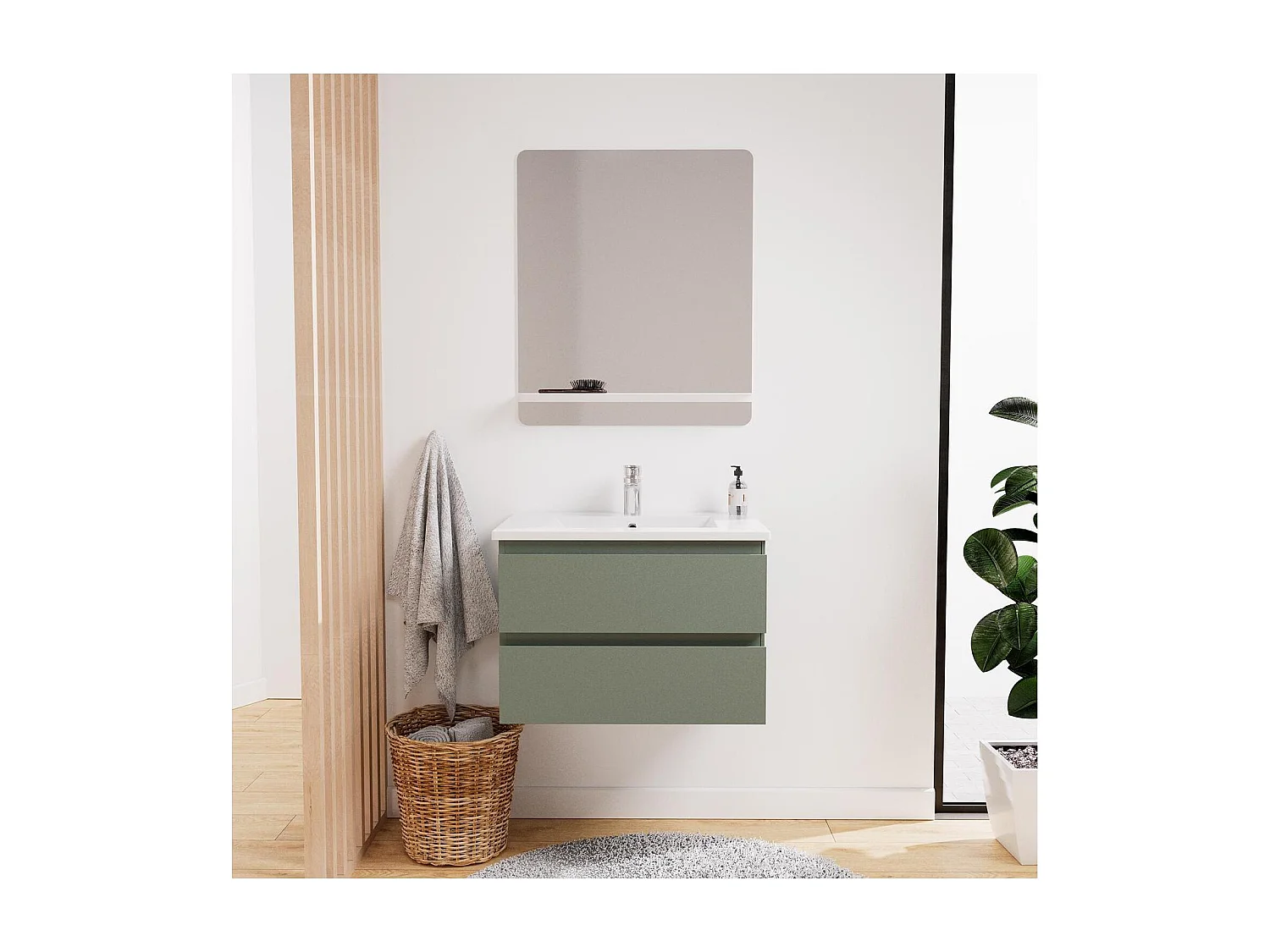 Ensemble simple vasque 60cm avec plan céramique, robinet chromé et miroir
