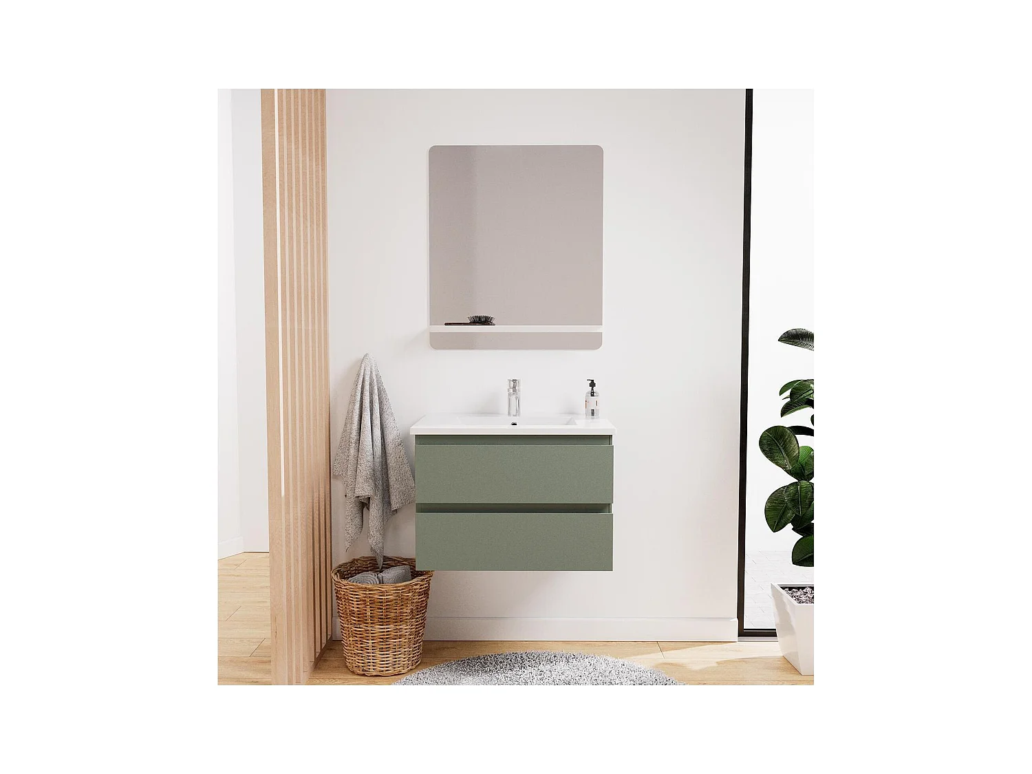 Ensemble simple vasque 60cm avec plan céramique, robinet chromé et miroir