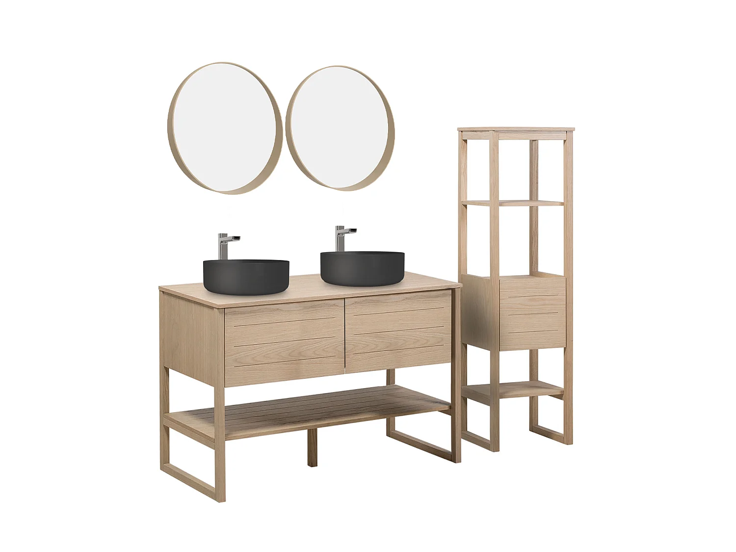 Meuble de Salle De Bain Chêne 120 cm + Colonne + 2 Miroirs ronds + 2 Vasques rondes noires