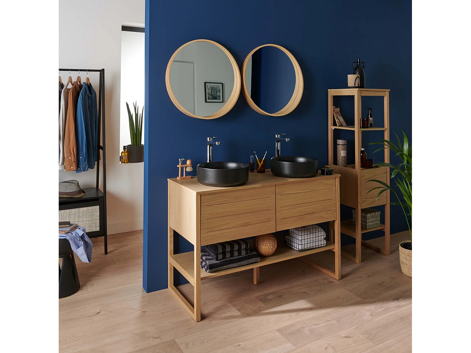 Meuble de Salle De Bain Chêne 120 cm + Colonne + 2 Miroirs ronds + 2 Vasques rondes noires