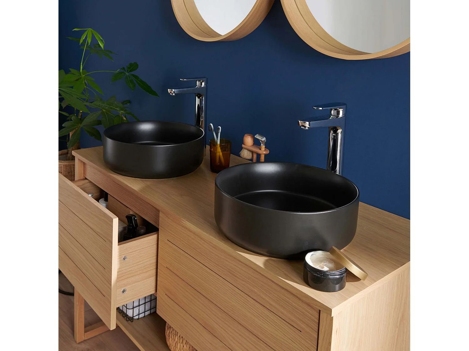 Meuble de Salle De Bain Chêne 120 cm + Colonne + 2 Miroirs ronds + 2 Vasques rondes noires