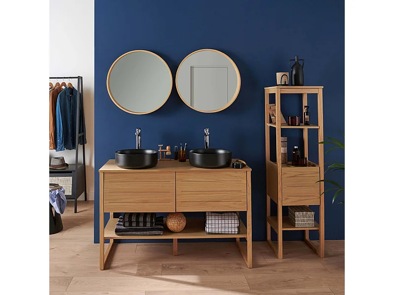 Meuble de Salle De Bain Chêne 120 cm + Colonne + 2 Miroirs ronds + 2 Vasques rondes noires