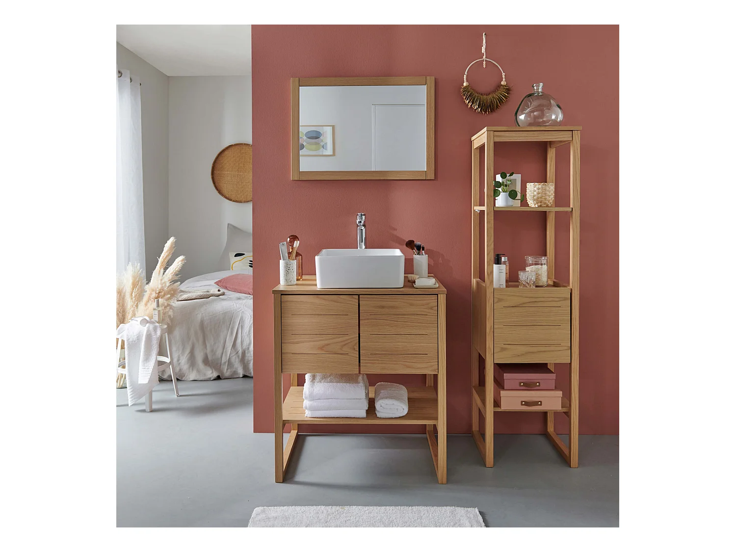 Meuble de salle de bain chêne 70 cm + colonne 145 cm ATOLL + miroir + vasque