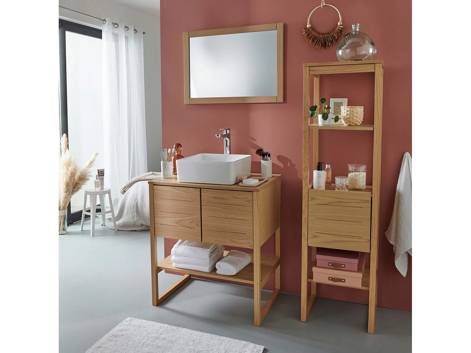 Mueble de lavabo doble + lavabo + espejo + columna ATOLL