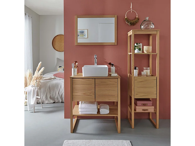 Meuble de salle de bain chêne 70 cm + colonne 145 cm ATOLL + miroir + vasque