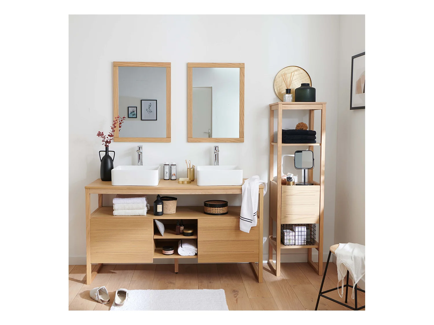 Mueble de tocador chapado en roble natural ATOLL 140cm+lavabo+espejo cuadrado+co