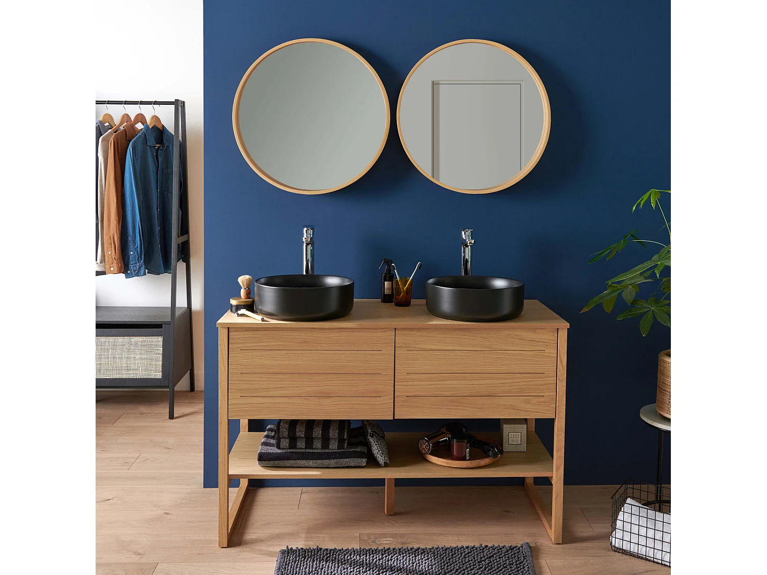 Meuble de Salle De Bain Chêne 120 cm + 2 Miroirs ronds 60 cm + 2 Vasques rondes noires 37 cm