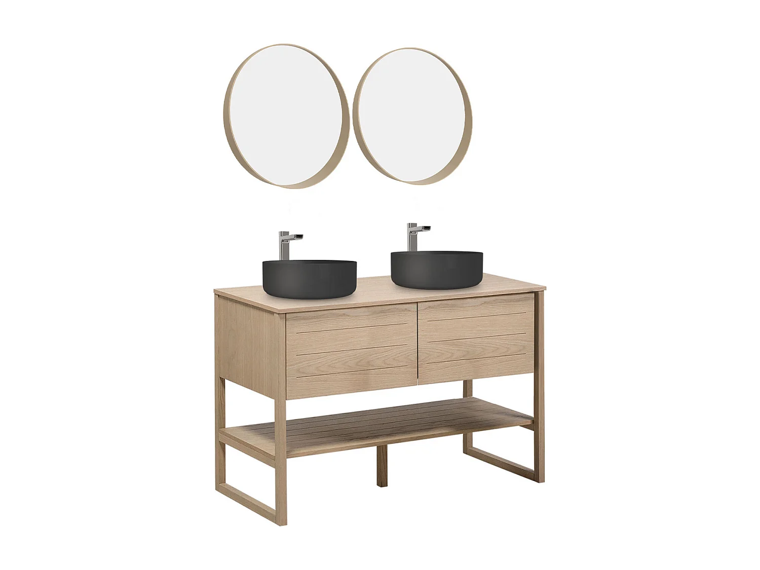 Meuble de Salle De Bain Chêne 120 cm + 2 Miroirs ronds 60 cm + 2 Vasques rondes noires 37 cm