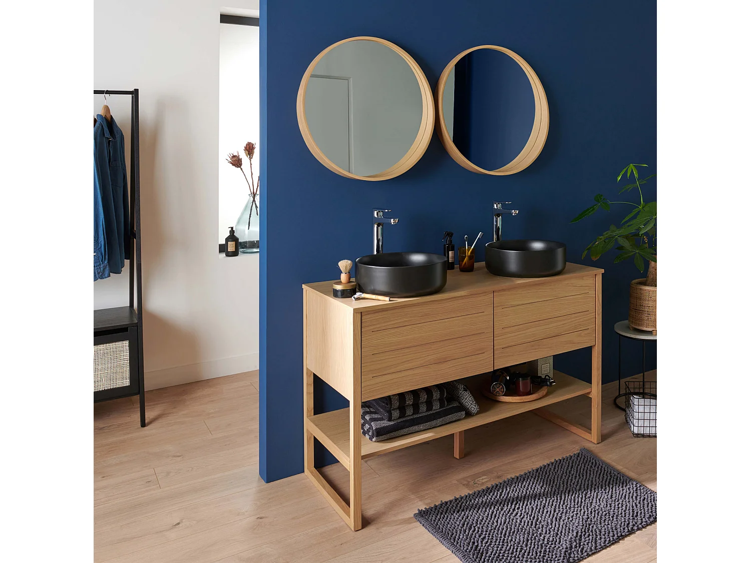 Meuble de Salle De Bain Chêne 120 cm + 2 Miroirs ronds 60 cm + 2 Vasques rondes noires 37 cm