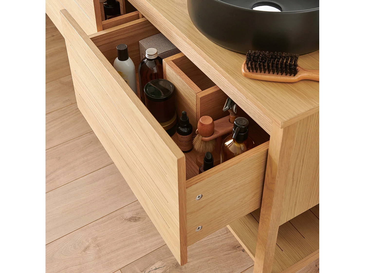 Meuble de Salle De Bain Chêne 120 cm + 2 Miroirs ronds 60 cm + 2 Vasques rondes noires 37 cm