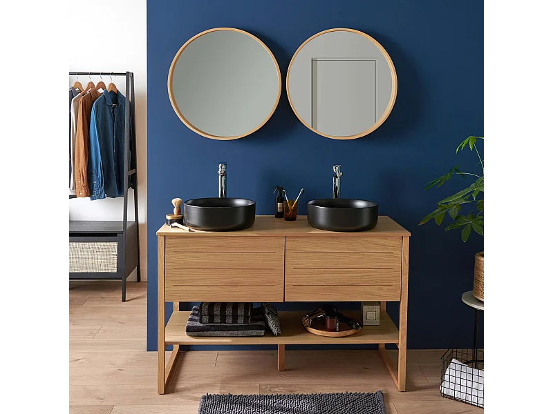 Meuble de Salle De Bain Chêne 120 cm + 2 Miroirs ronds 60 cm + 2 Vasques rondes noires 37 cm
