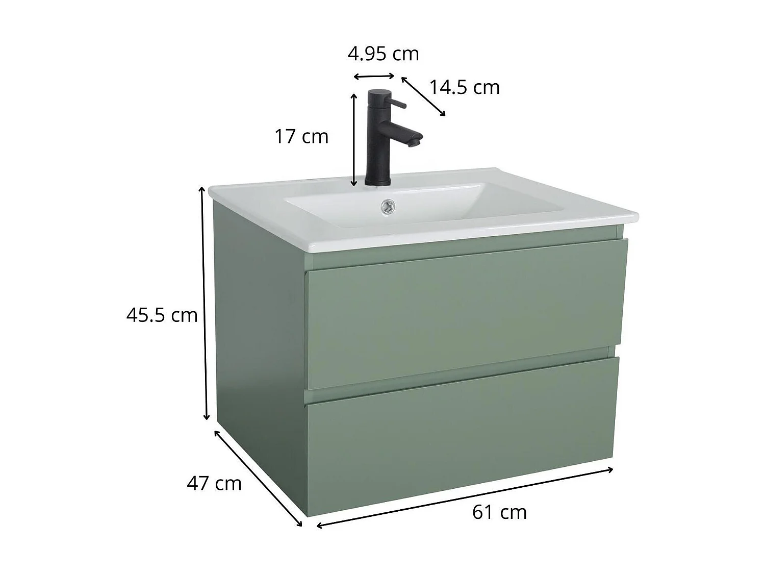 Ensemble simple vasque 60cm avec plan céramique et robinet noir