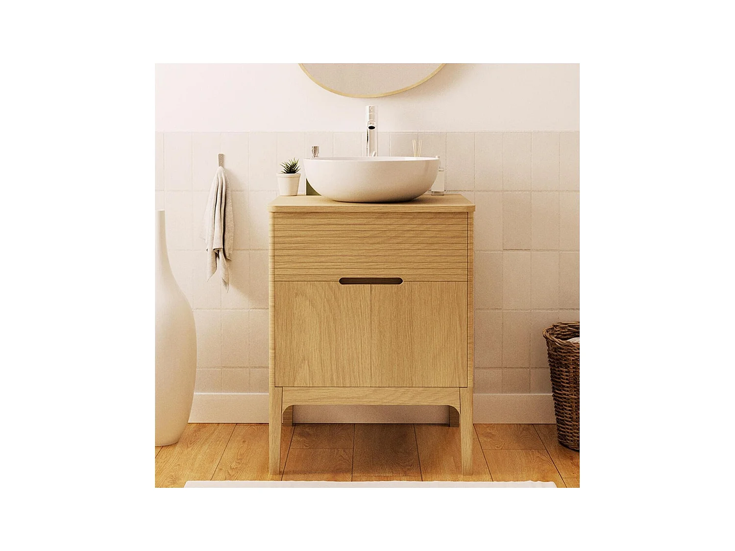 Ensemble meuble simple vasque 60 cm chêne naturel + vasque + robinet
