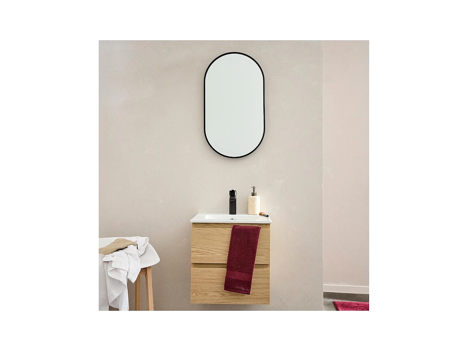 Ensemble meuble simple vasque 45cm avec plan céramique, robinet noir et miroir ovale