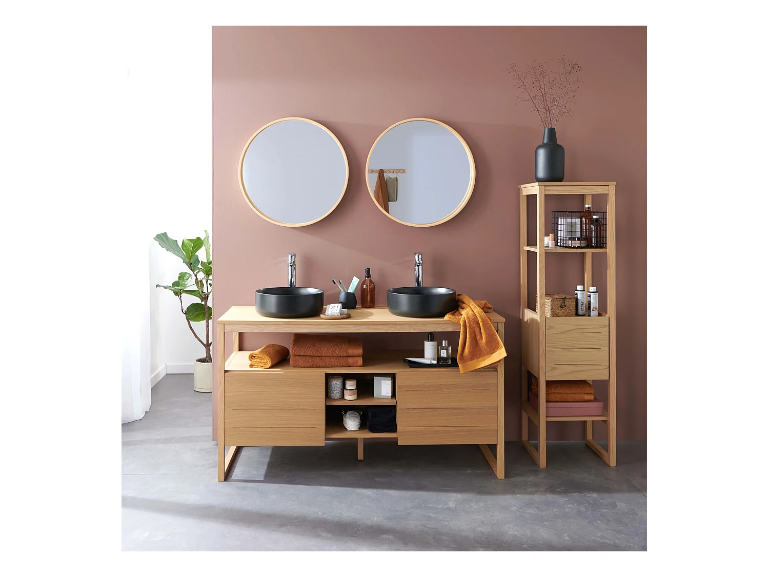 Mueble de lavabo doble + lavabo + espejo + columna ATOLL