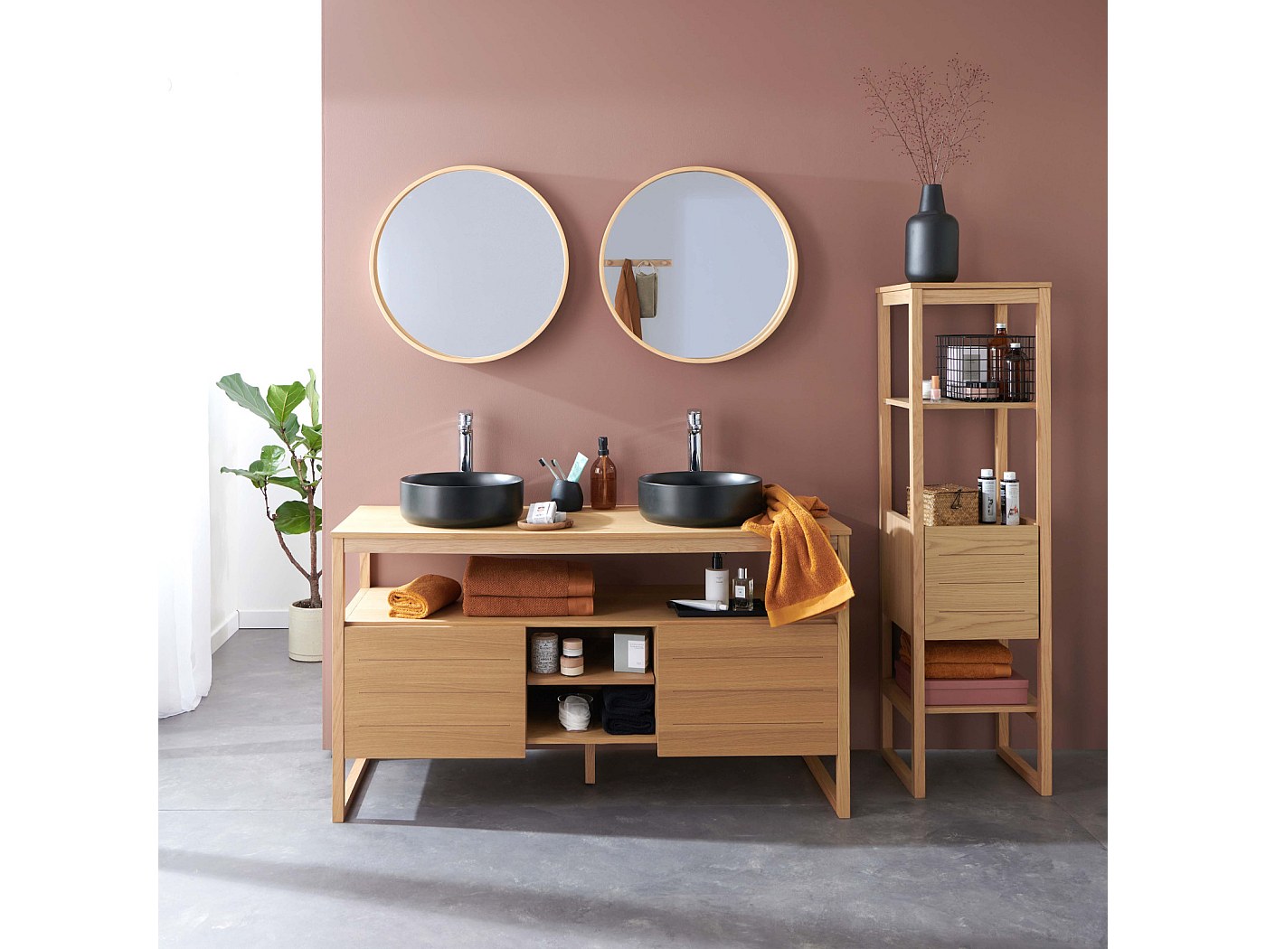 Meuble de Salle De Bain Chêne 140 cm ATOLL + Colonne + 2 Miroirs + 2