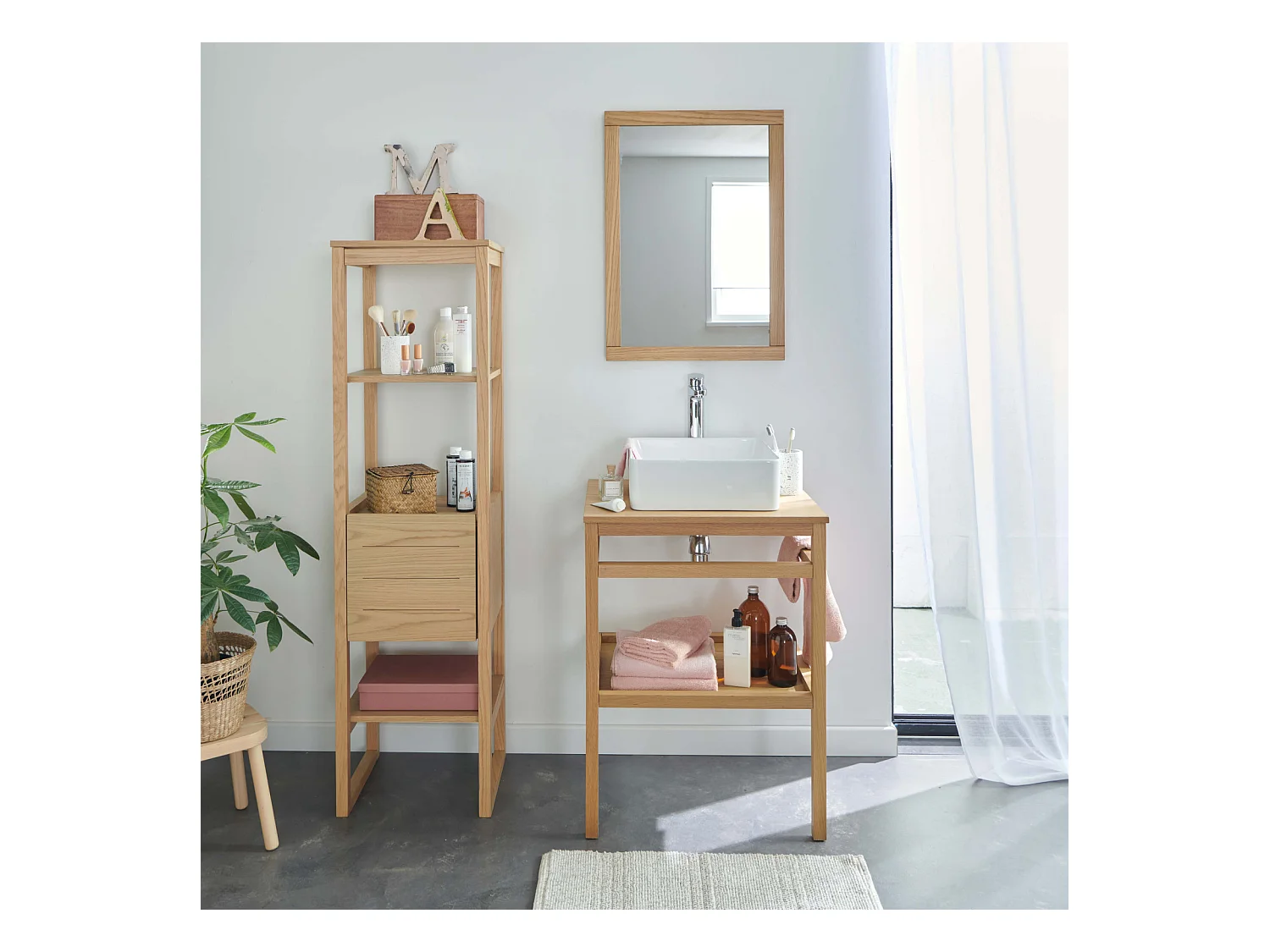 HOPP Mueble de baño de 60 cm con columna, espejo y lavabo cuadrado COMA