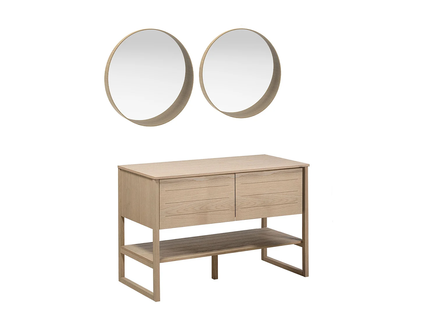Meuble de Salle De Bain Chêne 120 cm ATOLL + 2 Miroirs Ronds en Bois VALI D60 cm