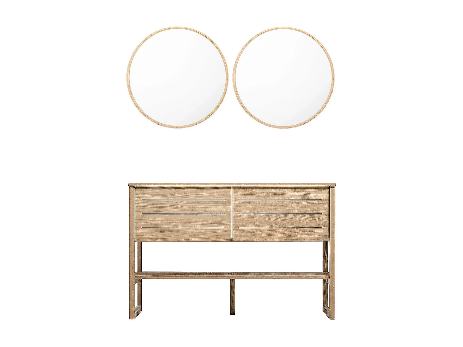 Meuble de Salle De Bain Chêne 120 cm ATOLL + 2 Miroirs Ronds en Bois VALI D60 cm